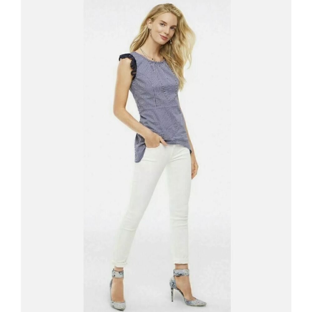 CAbi Lace Flutter Top Blue‎ White Seersucker Small #5727
